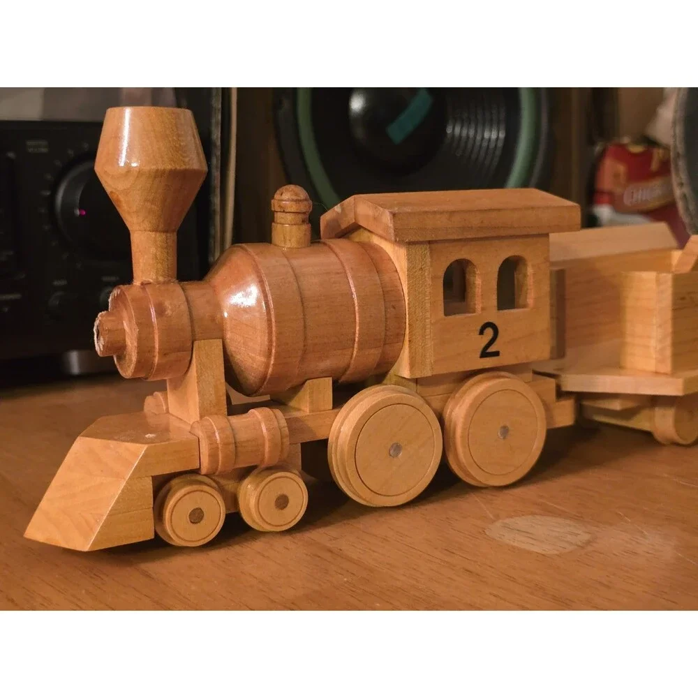 Vintage Handcrafted Wooden Train Steam Locomotive No. 2 & Tender Car - Artist...